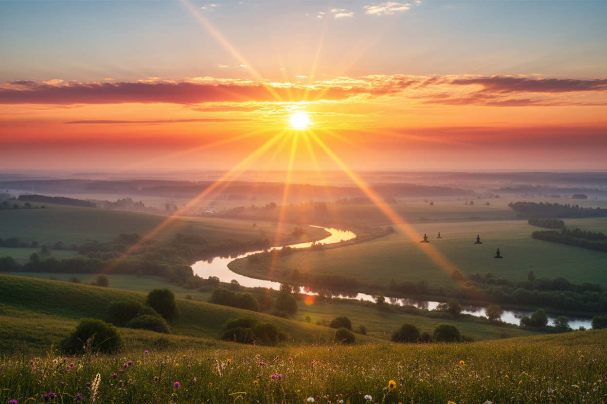 Cheerful sunrise with sunbeams